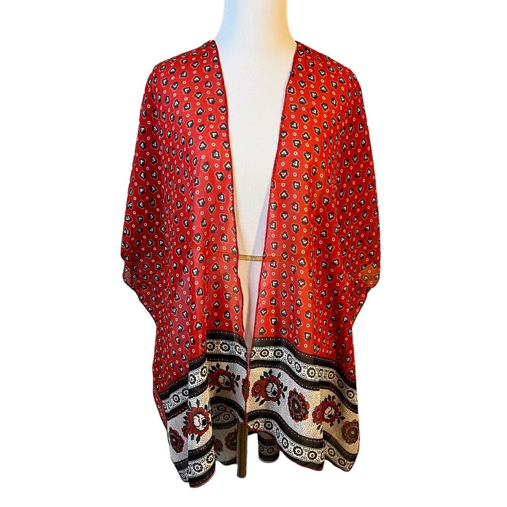 Live 4 Truth Womens L Red Floral Boho Kimono Cardigan Open Front Lightweight